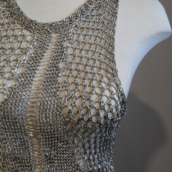 Silver Metallic Mesh Backless Mini Dress S/M Party NYE - Picture 4 of 15